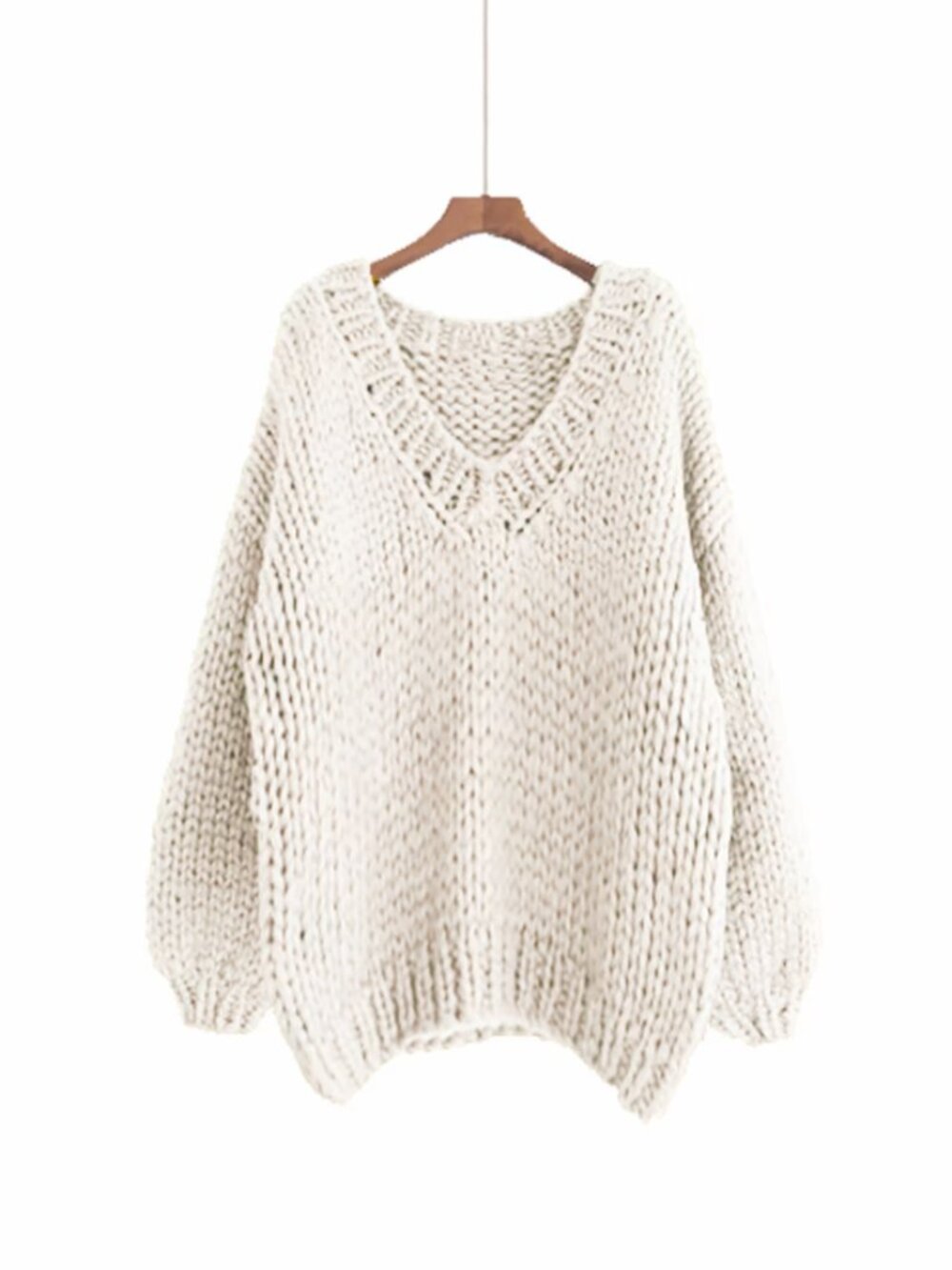 Hand Knit Wool V-Neck Sweater: Oversized Slouchy Cream Knit